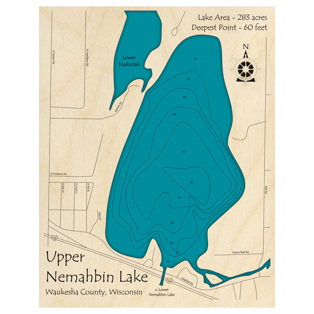 Bathymetric topo map of Nemahbin Lake, WI with roads, towns and depths noted in blue water.