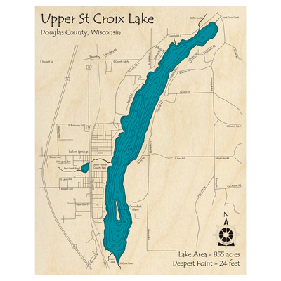 Bathymetric topo map of St Croix Lake, WI with roads, towns and depths noted in blue water.