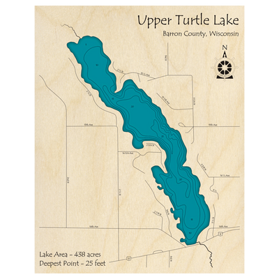 Bathymetric topo map of Upper Turtle Lake, WI with roads, towns and depths noted in blue water.