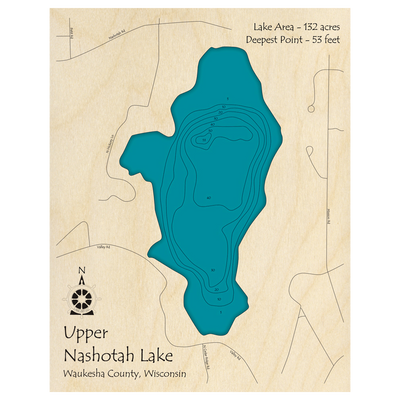 Bathymetric topo map of Nashotah Lake, WI with roads, towns and depths noted in blue water.
