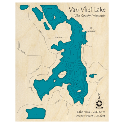 Bathymetric topo map of Van Vliet Lake, WI with roads, towns and depths noted in blue water.
