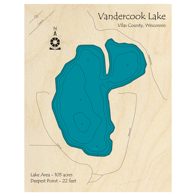 Bathymetric topo map of Vandercook Lake, WI with roads, towns and depths noted in blue water.
