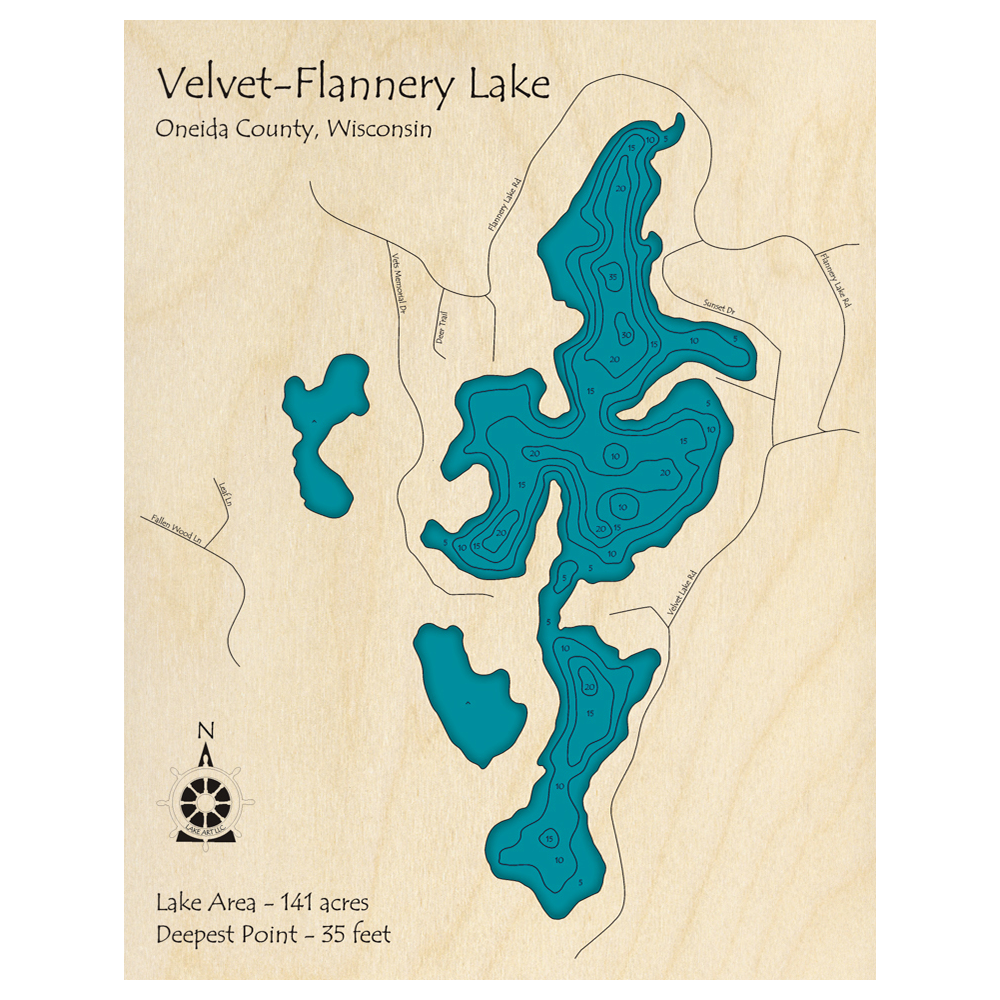 Bathymetric topo map of Velvet-Flannery Lake, WI with roads, towns and depths noted in blue water.