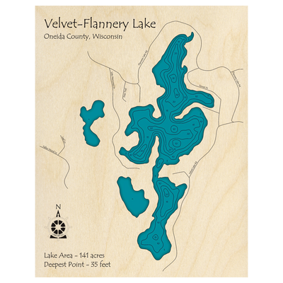 Bathymetric topo map of Velvet-Flannery Lake, WI with roads, towns and depths noted in blue water.