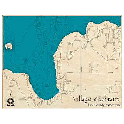 Bathymetric topo map of Village of Ephraim, WI with roads, towns and depths noted in blue water.