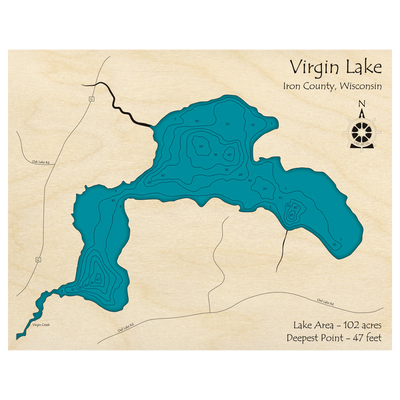 Bathymetric topo map of Virgin Lake, WI with roads, towns and depths noted in blue water.