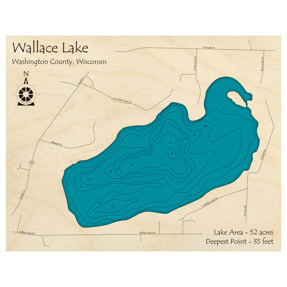 Bathymetric topo map of Wallace Lake, WI with roads, towns and depths noted in blue water.