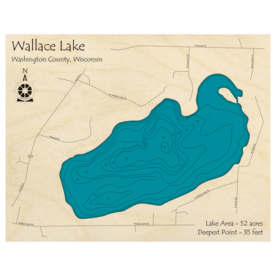 Bathymetric topo map of Wallace Lake, WI with roads, towns and depths noted in blue water.