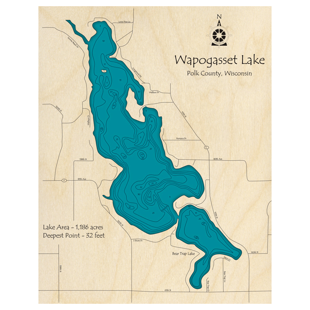 Bathymetric topo map of Wapogasset Lake with Bear Trap Lake, WI with roads, towns and depths noted in blue water.