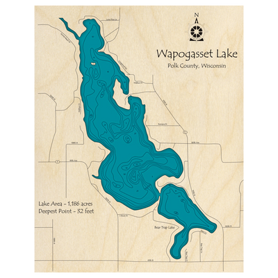 Bathymetric topo map of Wapogasset Lake with Bear Trap Lake, WI with roads, towns and depths noted in blue water.