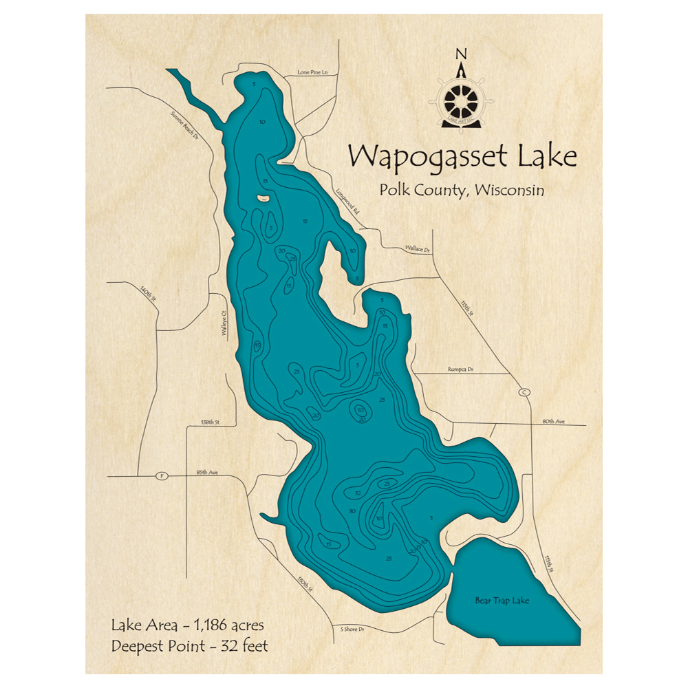 Bathymetric topo map of Wapogasset Lake, WI with roads, towns and depths noted in blue water.