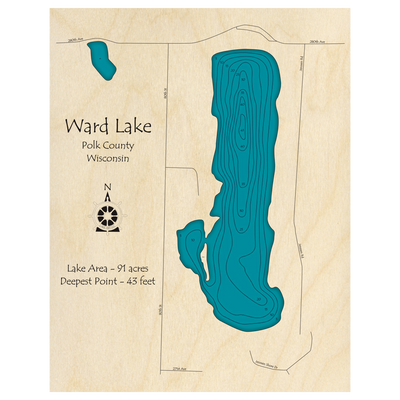 Bathymetric topo map of Ward Lake, WI with roads, towns and depths noted in blue water.