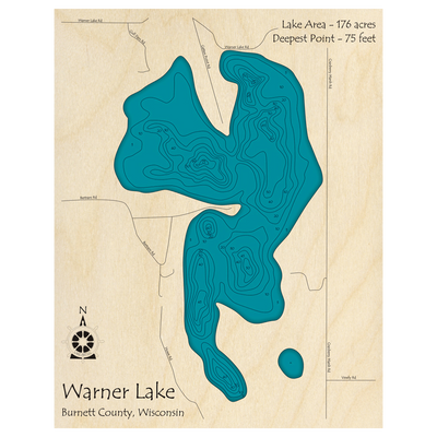 Bathymetric topo map of Warner Lake, WI with roads, towns and depths noted in blue water.