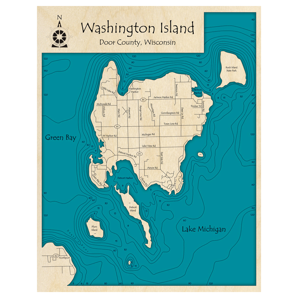 Bathymetric topo map of Washington Island, WI with roads, towns and depths noted in blue water.