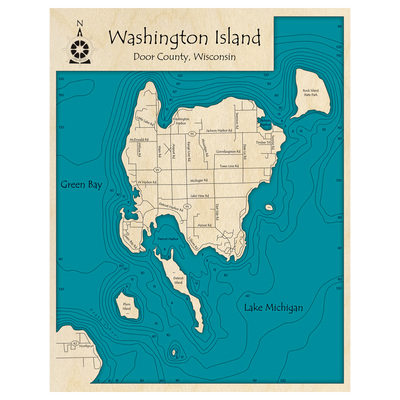 Bathymetric topo map of Washington Island, WI with roads, towns and depths noted in blue water.