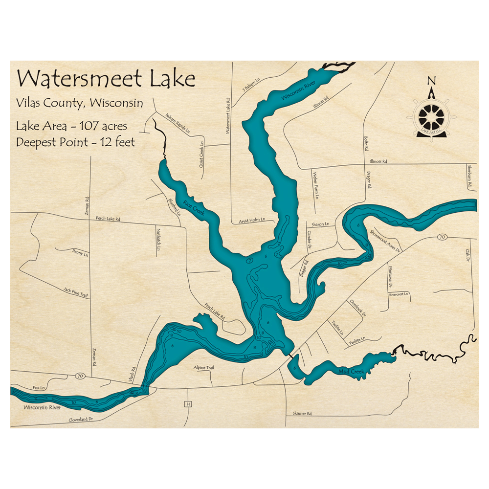 Bathymetric topo map of Watersmeet Lake, WI with roads, towns and depths noted in blue water.