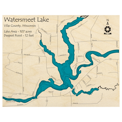 Bathymetric topo map of Watersmeet Lake, WI with roads, towns and depths noted in blue water.