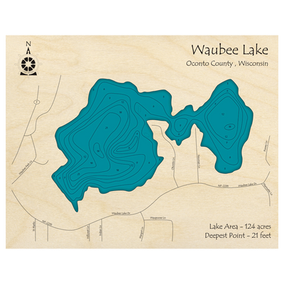 Bathymetric topo map of Waubee Lake, WI with roads, towns and depths noted in blue water.