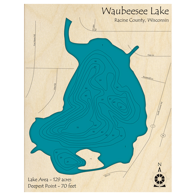 Bathymetric topo map of Waubeesee Lake, WI with roads, towns and depths noted in blue water.