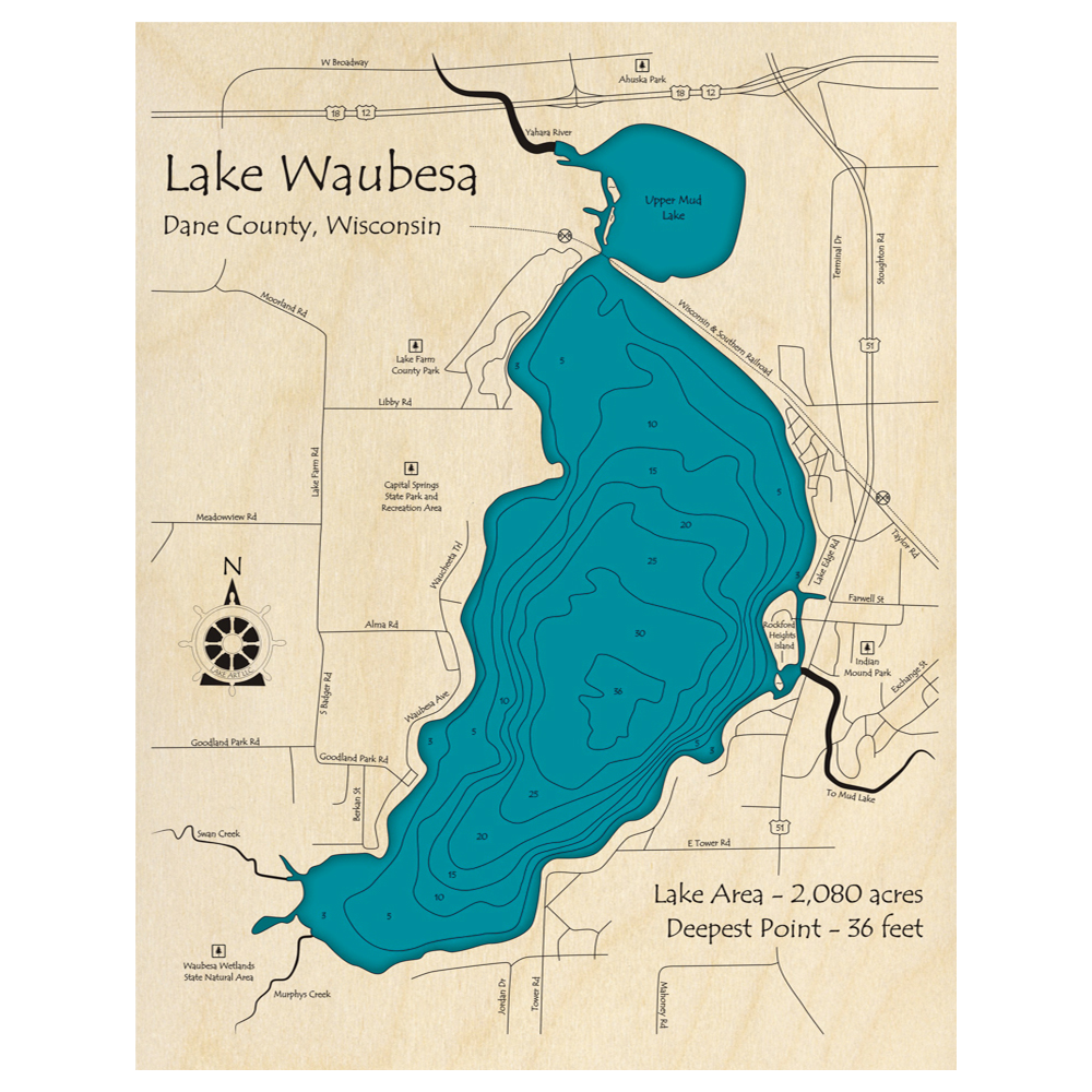 Bathymetric topo map of Lake Waubesa, WI with roads, towns and depths noted in blue water.