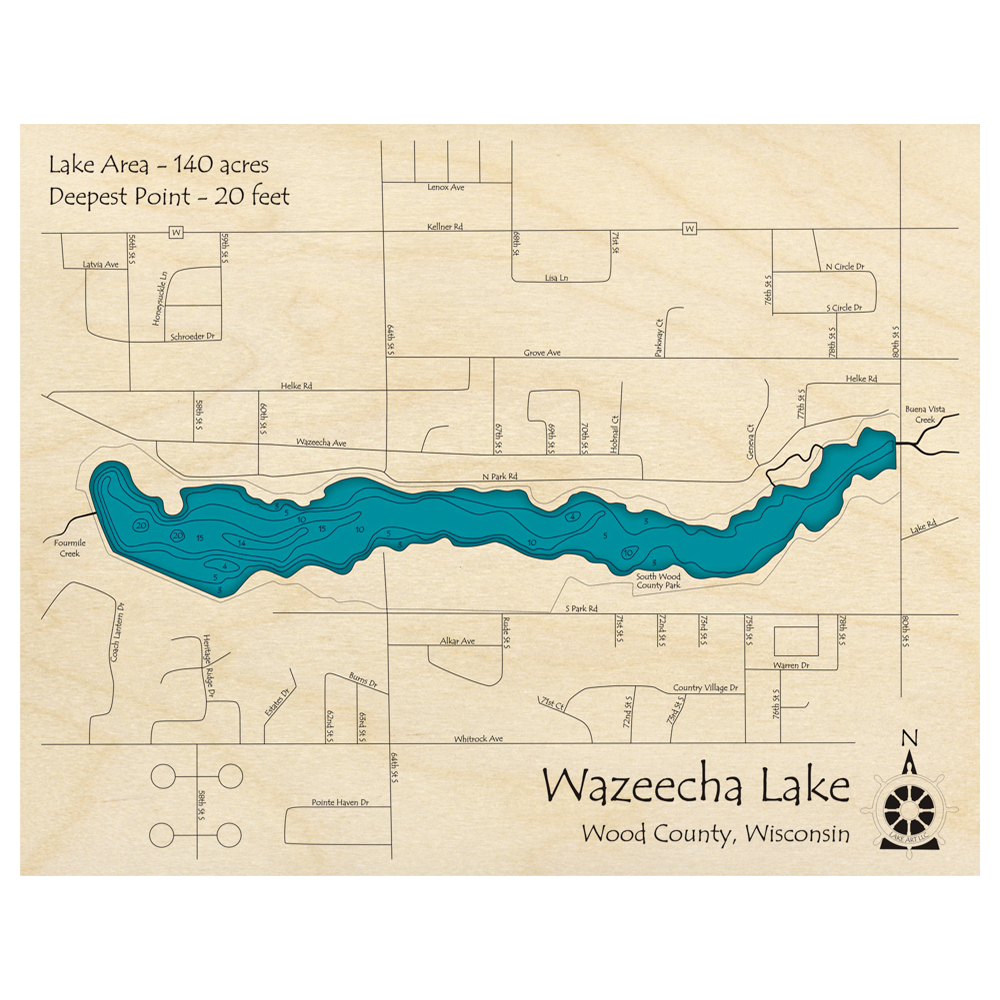 Bathymetric topo map of Wazeecha Lake, WI with roads, towns and depths noted in blue water.