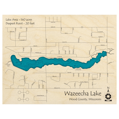 Bathymetric topo map of Wazeecha Lake, WI with roads, towns and depths noted in blue water.