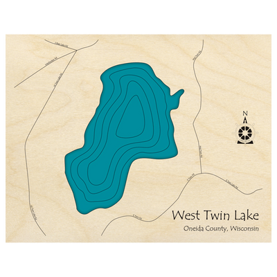 Bathymetric topo map of West Twin Lake, WI with roads, towns and depths noted in blue water.