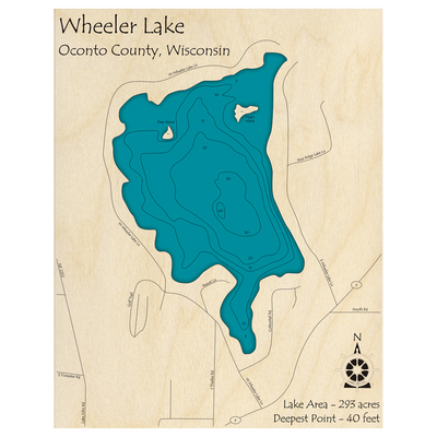 Bathymetric topo map of Wheeler Lake, WI with roads, towns and depths noted in blue water.