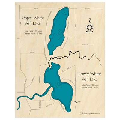 Bathymetric topo map of White Ash Lake, WI with roads, towns and depths noted in blue water.