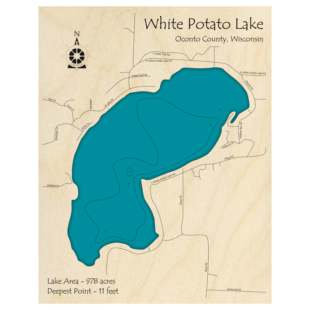 Bathymetric topo map of White Potato Lake, WI with roads, towns and depths noted in blue water.