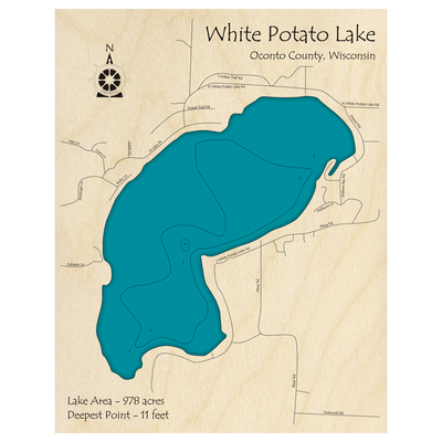 Bathymetric topo map of White Potato Lake, WI with roads, towns and depths noted in blue water.