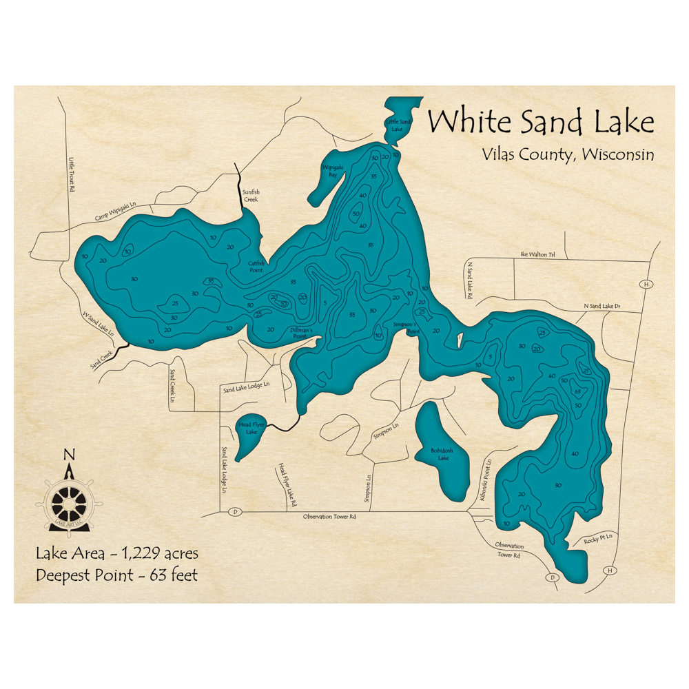 Bathymetric topo map of White Sand Lake, WI with roads, towns and depths noted in blue water.