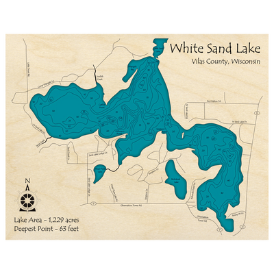 Bathymetric topo map of White Sand Lake, WI with roads, towns and depths noted in blue water.
