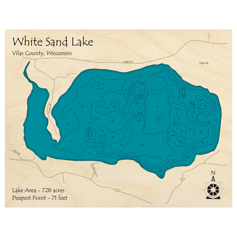 Bathymetric topo map of White Sand Lake, WI with roads, towns and depths noted in blue water.