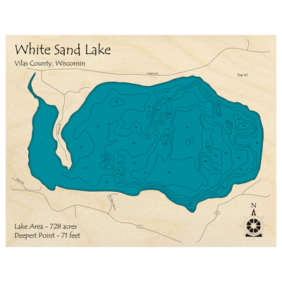 Bathymetric topo map of White Sand Lake, WI with roads, towns and depths noted in blue water.
