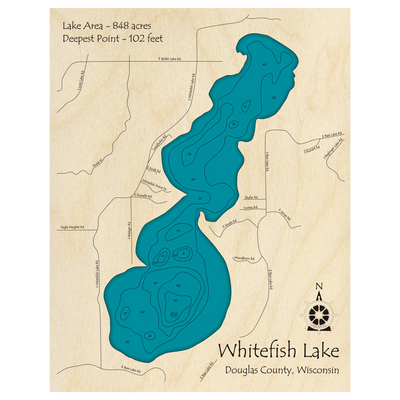 Bathymetric topo map of Whitefish Lake, WI with roads, towns and depths noted in blue water.