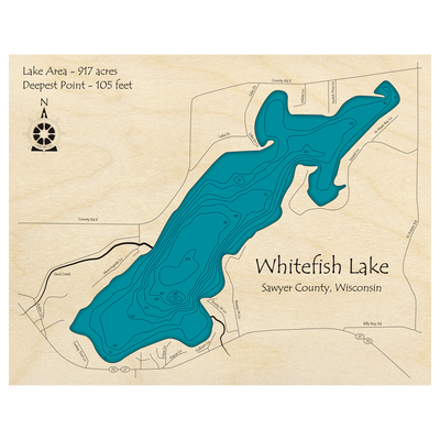 Bathymetric topo map of Whitefish Lake, WI with roads, towns and depths noted in blue water.
