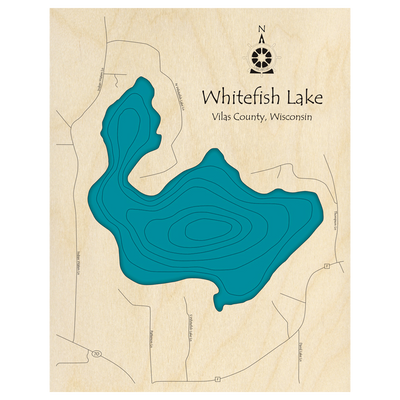 Bathymetric topo map of Whitefish Lake, WI with roads, towns and depths noted in blue water.