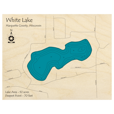 Bathymetric topo map of White Lake, WI with roads, towns and depths noted in blue water.