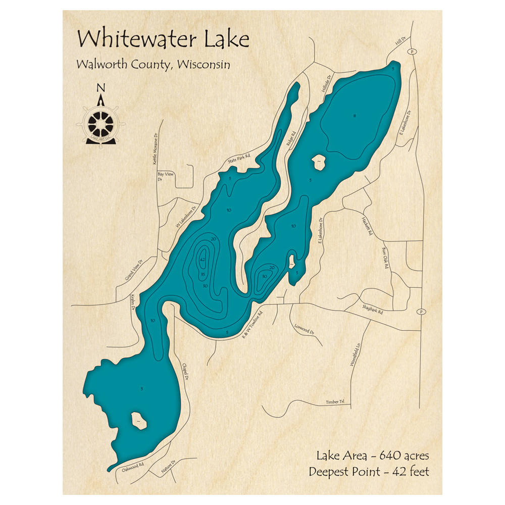 Bathymetric topo map of Whitewater Lake, WI with roads, towns and depths noted in blue water.