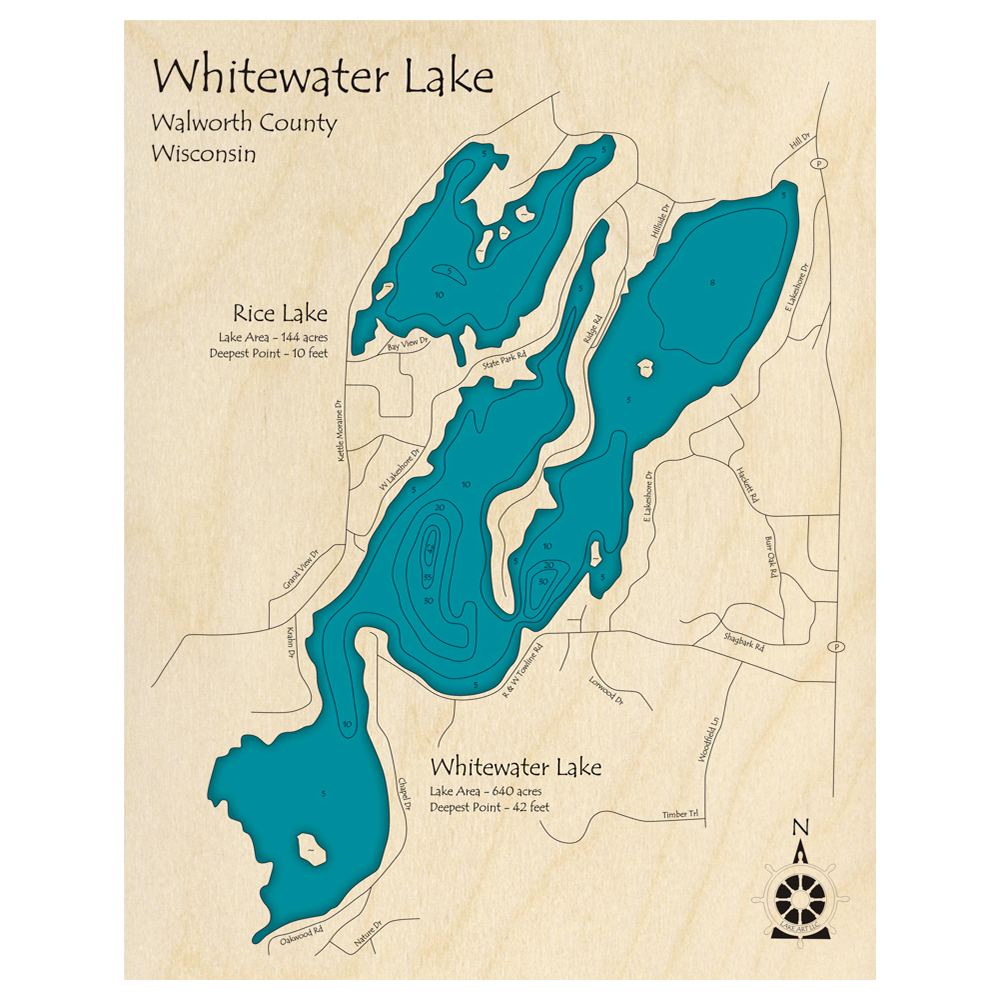 Bathymetric topo map of Whitewater Lake, WI with roads, towns and depths noted in blue water.