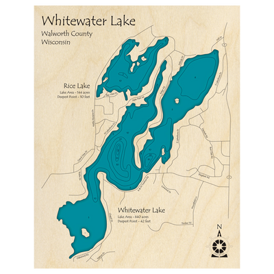 Bathymetric topo map of Whitewater Lake, WI with roads, towns and depths noted in blue water.