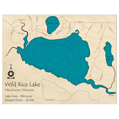 Bathymetric topo map of Wild Rice Lake, WI with roads, towns and depths noted in blue water.