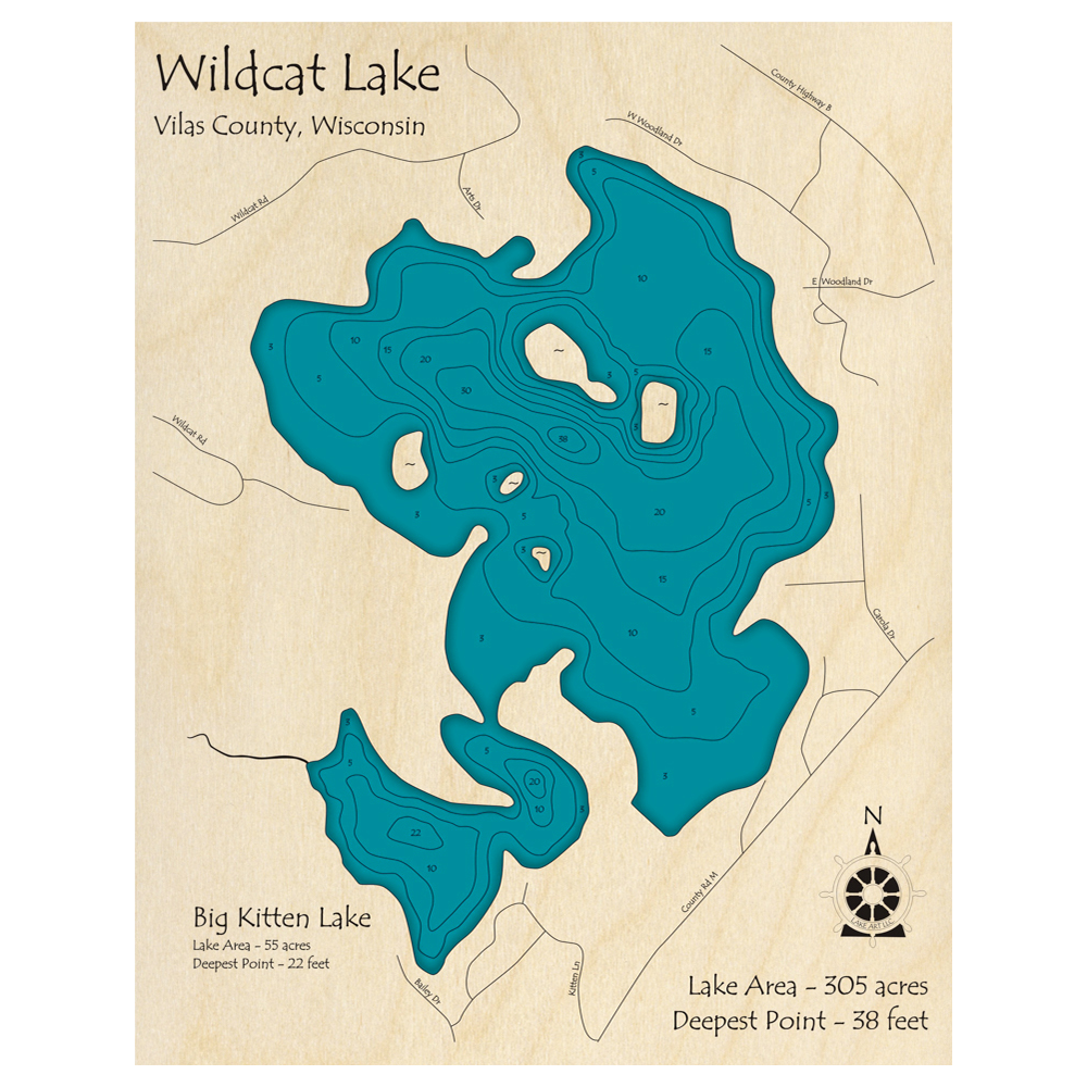 Bathymetric topo map of Wildcat Lake, WI with roads, towns and depths noted in blue water.