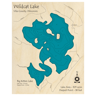 Bathymetric topo map of Wildcat Lake, WI with roads, towns and depths noted in blue water.