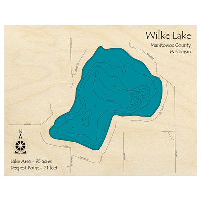 Bathymetric topo map of Wilke Lake, WI with roads, towns and depths noted in blue water.