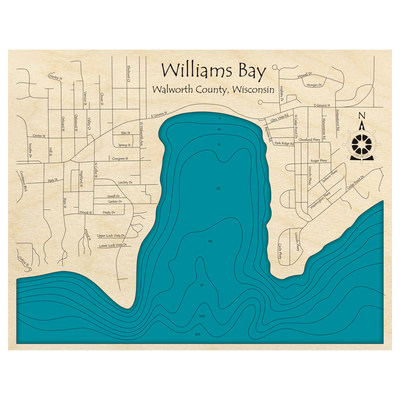 Bathymetric topo map of Williams Bay, WI with roads, towns and depths noted in blue water.