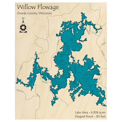 Bathymetric topo map of Willow Flowage, WI with roads, towns and depths noted in blue water.