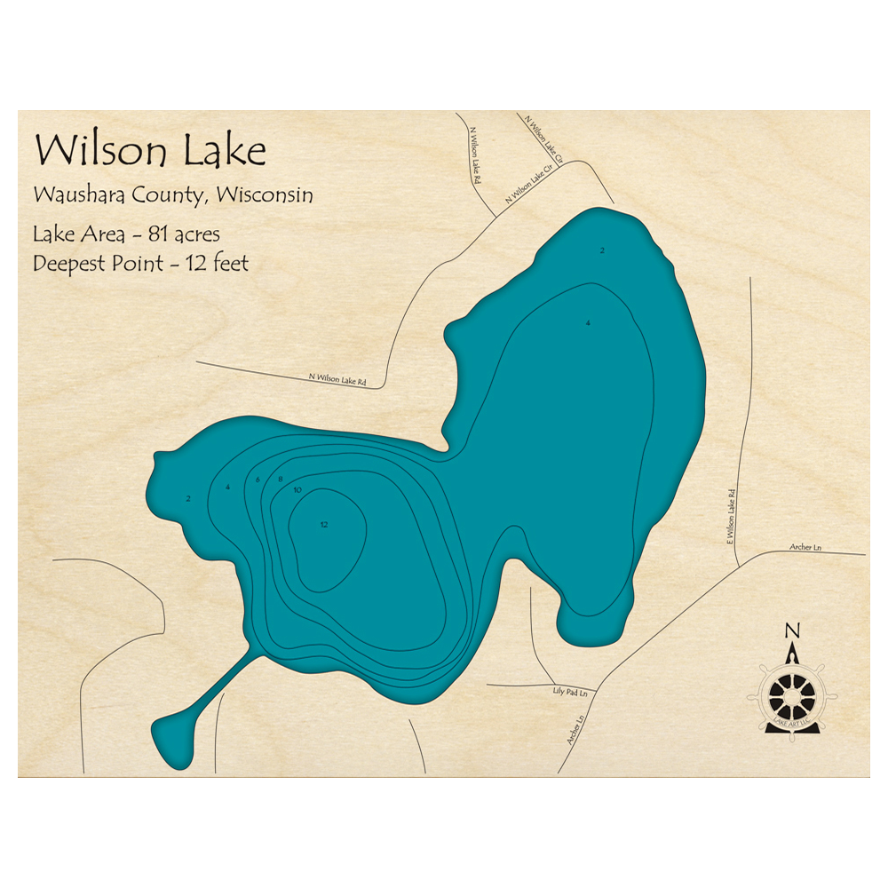 Bathymetric topo map of Wilson Lake, WI with roads, towns and depths noted in blue water.