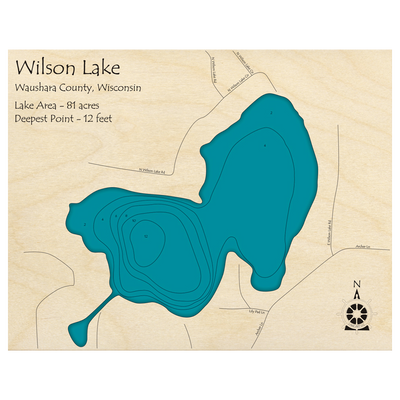 Bathymetric topo map of Wilson Lake, WI with roads, towns and depths noted in blue water.